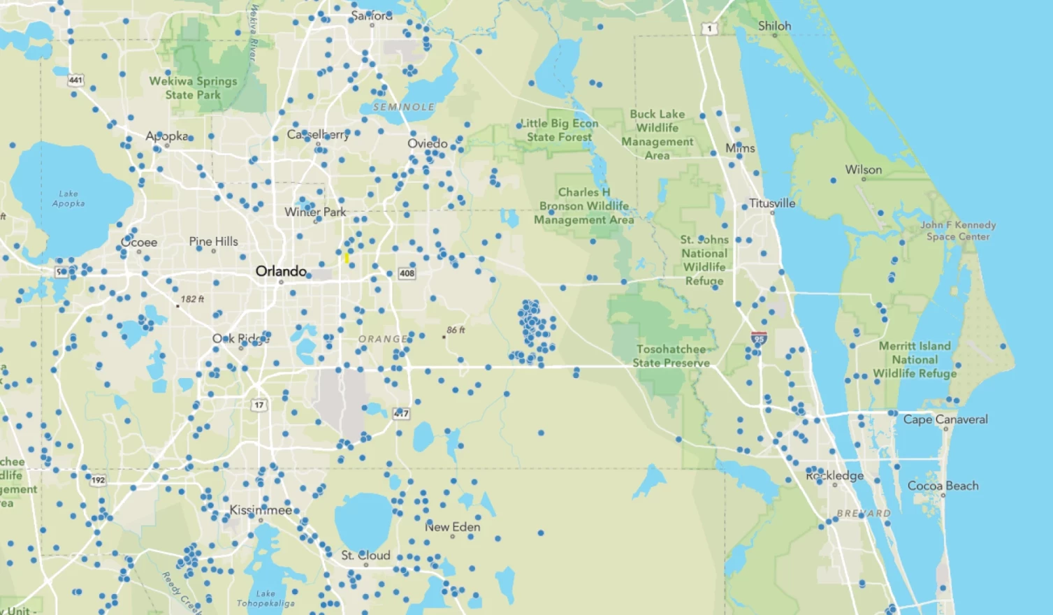 A map of Central Florida with blue dots.